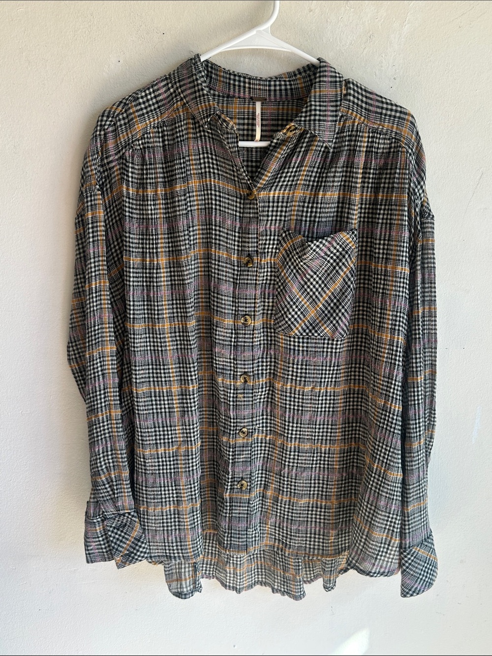 Free People Plaid Button Down Oversized Top Size XS